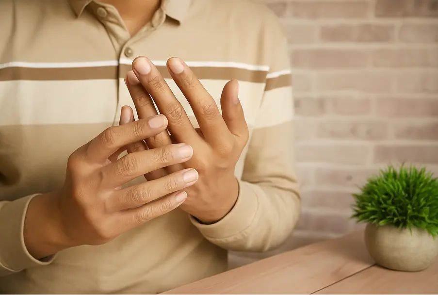 Deux mains masculines devant le haut du corps d'un homme